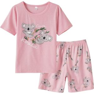 Vopmocld Big Girls Summer Short Sleeve Pajama Sets Cute Cat Patterns Sleepwear Nighty 100% Cotton(Koala)