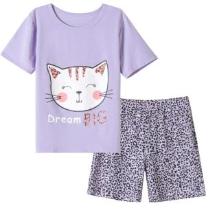 Vopmocld Big Girls Summer Short Sleeve Pajama Sets Cute Cat Patterns Sleepwear Nighty 100% Cotton(Leopard Cat)