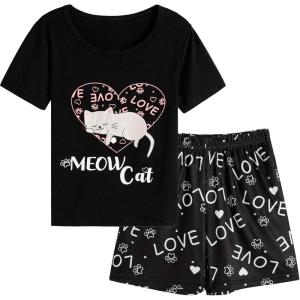 Vopmocld Big Girls Summer Short Sleeve Pajama Sets Cute Cat Patterns Sleepwear Nighty 100% Cotton(Love Cat)