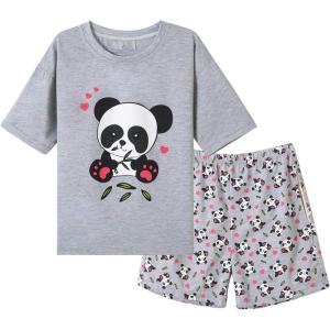 Vopmocld Big Girls Summer Short Sleeve Pajama Sets Cute Cat Patterns Sleepwear Nighty 100% Cotton(Panda)