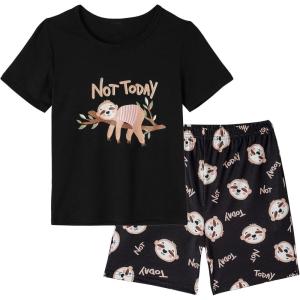 Vopmocld Big Girls Summer Short Sleeve Pajama Sets Cute Cat Patterns Sleepwear Nighty 100% Cotton(Sloth)