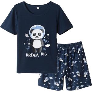 Vopmocld Big Girls Summer Short Sleeve Pajama Sets Cute Cat Patterns Sleepwear Nighty 100% Cotton(Space-panda)