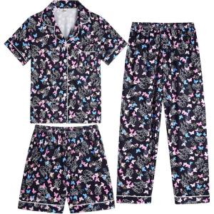 Vopmocld Girls Pajama Sets 3pcs Button Down Short Sleeve Long Pants With Shorts Sleepwear Cute Patterns Nighty For Teens(3pcs/Butterfly-unicorns)
