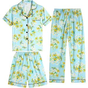 Vopmocld Girls Pajama Sets 3pcs Button Down Short Sleeve Long Pants With Shorts Sleepwear Cute Patterns Nighty For Teens(3pcs/Daisy-lily)
