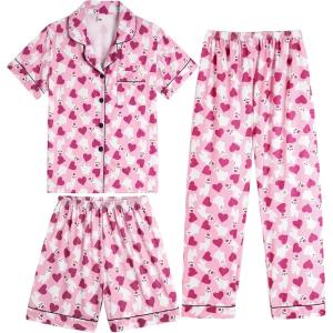 Vopmocld Girls Pajama Sets 3pcs Button Down Short Sleeve Long Pants With Shorts Sleepwear Cute Patterns Nighty For Teens(3pcs/Llama)