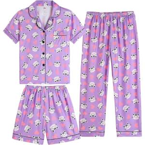 Vopmocld Girls Pajama Sets 3pcs Button Down Short Sleeve Long Pants With Shorts Sleepwear Cute Patterns Nighty For Teens(3pcs/Purple-cats)