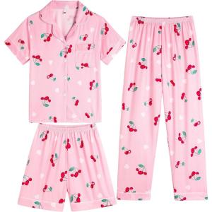 Vopmocld Girls Pajama Sets 3pcs Button Down Short Sleeve Long Pants With Shorts Sleepwear Cute Patterns Nighty For Teens(3pcs/Red Cherry)