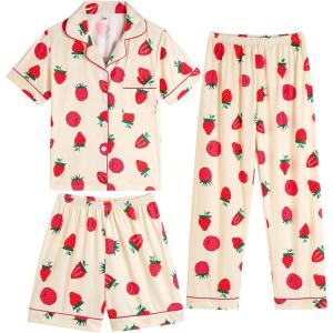Vopmocld Girls Pajama Sets 3pcs Button Down Short Sleeve Long Pants With Shorts Sleepwear Cute Patterns Nighty For Teens(3pcs/Strawberry-raspberry)