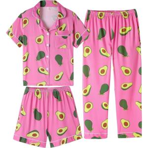 Vopmocld Girls Pajama Sets 3pcs Button Down Short Sleeve Long Pants With Shorts Sleepwear Cute Patterns Nighty For Teens(Avocado)