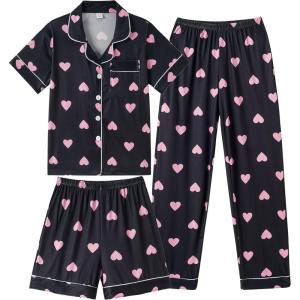 Vopmocld Girls Pajama Sets 3pcs Button Down Short Sleeve Long Pants With Shorts Sleepwear Cute Patterns Nighty For Teens(Black Pink Hearts)