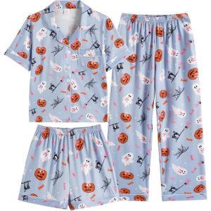 Vopmocld Girls Pajama Sets 3pcs Button Down Short Sleeve Long Pants With Shorts Sleepwear Cute Patterns Nighty For Teens(Bowknot Ghost)