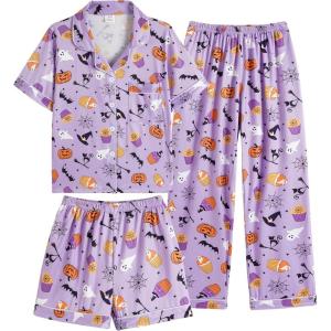 Vopmocld Girls Pajama Sets 3pcs Button Down Short Sleeve Long Pants With Shorts Sleepwear Cute Patterns Nighty For Teens(Cake Pumpkin)
