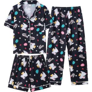 Vopmocld Girls Pajama Sets 3pcs Button Down Short Sleeve Long Pants With Shorts Sleepwear Cute Patterns Nighty For Teens(Easter Black)