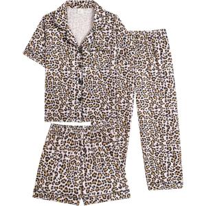 Vopmocld Girls Pajama Sets 3pcs Button Down Short Sleeve Long Pants With Shorts Sleepwear Cute Patterns Nighty For Teens(Full Printed Leopard)