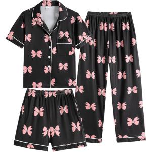 Vopmocld Girls Pajama Sets 3pcs Button Down Short Sleeve Long Pants With Shorts Sleepwear Cute Patterns Nighty For Teens(Pink Bowknot)