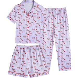 Vopmocld Girls Pajama Sets 3pcs Button Down Short Sleeve Long Pants With Shorts Sleepwear Cute Patterns Nighty For Teens(Polka Dot Bowknot)