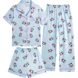 Vopmocld Girls Pajama Sets 3pcs Button Down Short Sleeve Long Pants With Shorts Sleepwear Cute Patterns Nighty For Teens(Skyblue Penguin)
