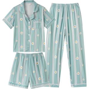 Vopmocld Girls Pajama Sets 3pcs Button Down Short Sleeve Long Pants With Shorts Sleepwear Cute Patterns Nighty For Teens(Striped Daisy)