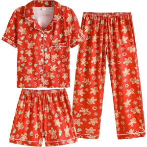 Vopmocld Girls Pajama Sets 3pcs Button Down Short Sleeve Long Pants With Shorts Sleepwear Cute Patterns Nighty For Teens(Xmas Gingerbread)