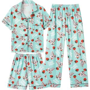 Vopmocld Girls Pajama Sets 3pcs Button Down Short Sleeve Long Pants With Shorts Sleepwear Cute Patterns Nighty For Teens(Xmas Koala)